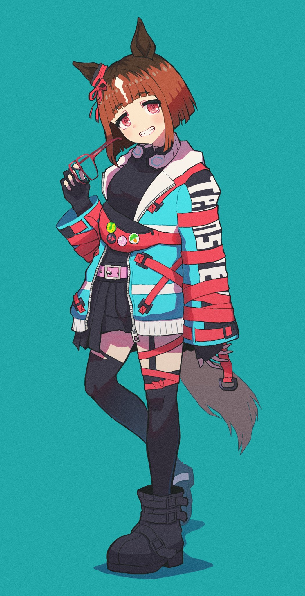 1girl, animal_ears, black_boots, black_gloves, black_thighhighs, blue_jacket, boots, brown_hair