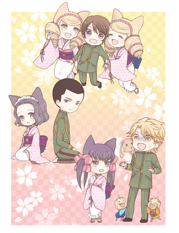 3boys, 4girls, agemaki_kei, animal_ears, arm_grab, asa_no_ha_(pattern), bad_id, bad_pixiv_id