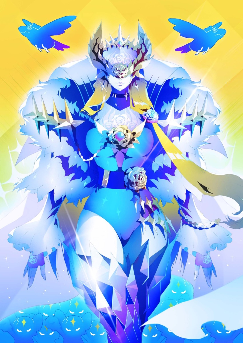 1girl, aqua_leotard, belt, cendrillmon, cendrillmon's_bird, cendrillmon's_mouse, digimon, digimon_(creature), digimon_liberator, flower, highres, leotard, long_hair, mask, very_long_hair, walking, wide_hips