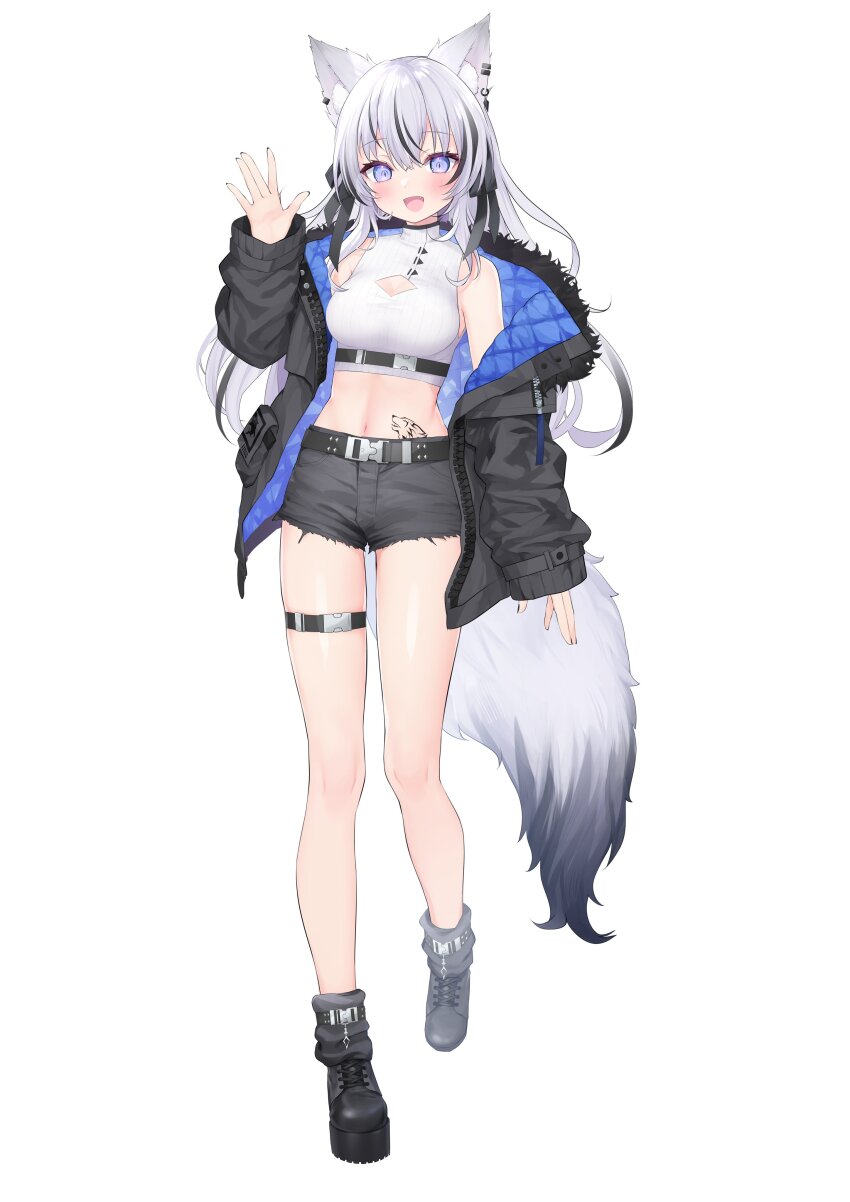 1girl, :d, absurdres, animal_ear_fluff, animal_ears, belt, black_belt, black_footwear