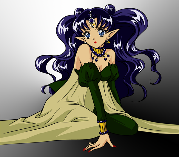 1990s_(style), 1girl, bishoujo_senshi_sailor_moon, bishoujo_senshi_sailor_moon_supers, blue_eyes, breasts, choker, cleavage, crescent, crescent_moon, double_bun, dress, earrings, fingernails, hamutarou, jewelry, lipstick, long_hair, makeup, moon, nail_polish, nehelenia_(sailor_moon), pointy_ears, purple_hair, red_nails, sad