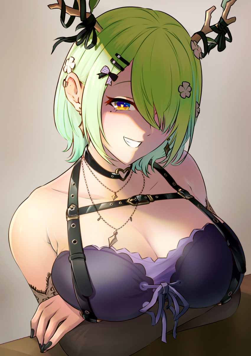 1girl, absurdres, antler_ornament, antler_ribbon, bare_shoulders, black_choker, black_dress, black_nails