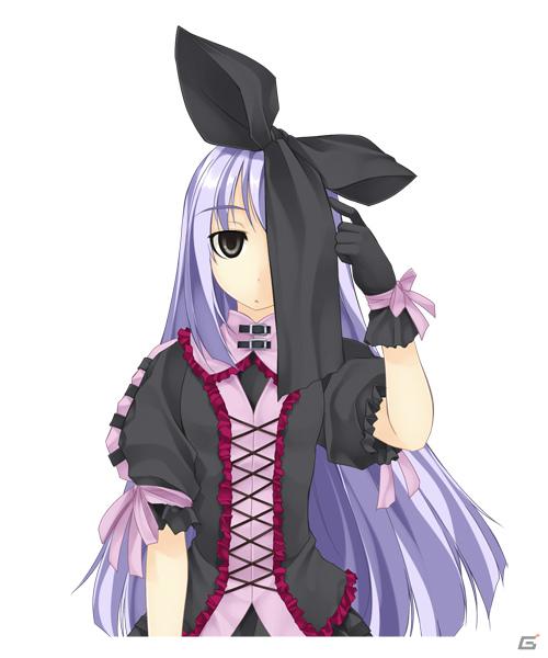 1girl, atelier-moo, black_gloves, closed_mouth, covered_face, covering_face, covering_own_eyes, empty_eyes, gloves, gothic_lolita, hair_between_eyes, lasting_anthem, lolita_fashion, long_hair, millenia_framboise, purple_hair, ribbon, short_sleeves, simple_background, skirt, solo, standing, upper_body, very_long_hair, white_background, yellow_eyes