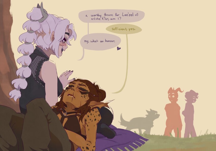 2boys, 2girls, :d, astarion, baldur's_gate, baldur's_gate_3, bare_arms, bare_shoulders