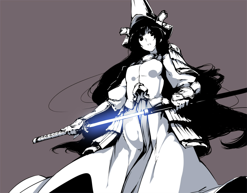 1girl, aeutoaki, armor, armored_dress, dress, grey_background, helmet, japanese_armor, katana, kusazuri, long_hair, rance_(series), samurai, sengoku_rance, sheath, shoulder_armor, sode, spot_color, sword, uesugi_kenshin_(rance), unsheathing, weapon