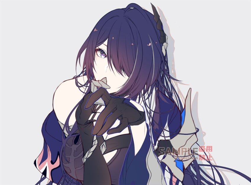 1girl, acheron_(honkai:_star_rail), aqueasirius, artist_name, black_choker, black_gloves, breasts, chain, choker, cleavage, coat, coattails, commentary, detached_sleeves, gloves, hair_over_one_eye, hashtag-only_commentary, honkai:_star_rail, honkai_(series), long_hair, purple_eyes, purple_hair, simple_background, single_bare_shoulder, solo, tailcoat, twitter_username, white_coat