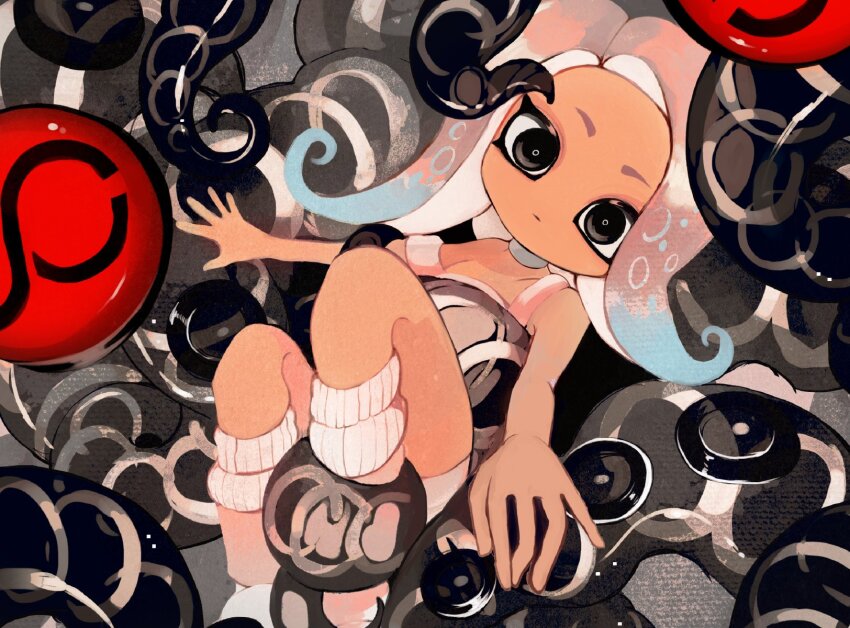 1girl, agent_8_(splatoon), arm_grab, black_eyes, blue_hair, bodysuit, boots, choker, closed_mouth, expressionless, feet_out_of_frame, grey_choker, grey_hair, highres, jelleton, kneehighs, leg_grab, li04r, long_hair, looking_at_viewer, multicolored_hair, nintendo, no_nose, octoling, octoling_girl, octoling_player_character, outstretched_arm, overlorder_(splatoon), pink_hair, single_bare_shoulder, sleeveless, sleeveless_bodysuit, socks, splatoon_(series), splatoon_3, splatoon_3:_side_order, strap_slip, tentacle_hair, tentacles, torso_grab, white_bodysuit, white_footwear, white_socks