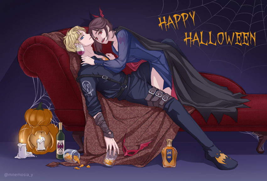 1boy, 1girl, belt, blonde_hair, cosplay, devimon, devimon_(cosplay), digimon, halloween, halloween_costume, highres, looking_at_viewer, mask, smile, takaishi_takeru, vamdemon, vamdemon_(cosplay), yagami_hikari