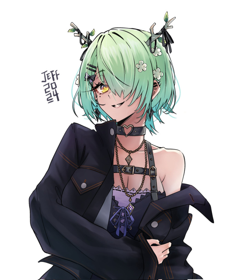 1girl, antlers, bow, ceres_fauna, ceres_fauna_(goth), choker, cropped_torso, dress