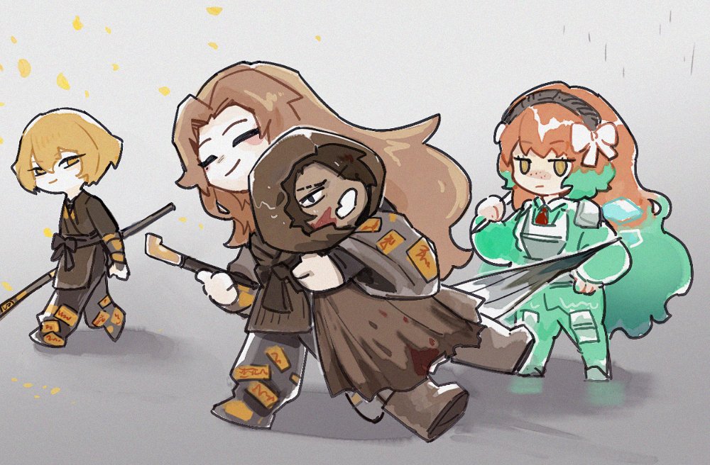 2boys, 2girls, arm_around_neck, blonde_hair, bow, brown_hair, brown_raincoat, chibi