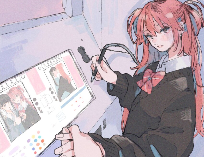 2girls, black_cardigan, blush, bow, bowtie, cardigan, closed_mouth, collared_shirt