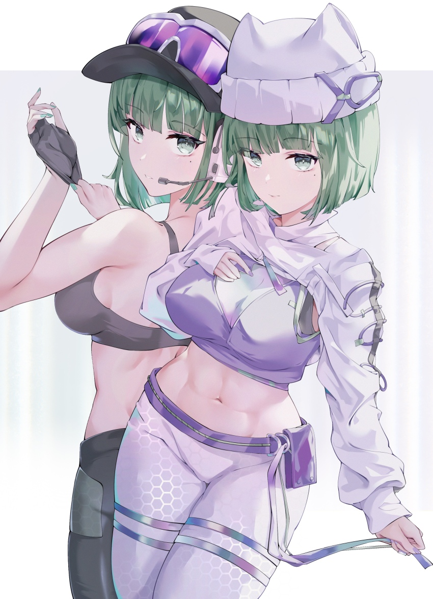 2girls, absurdres, adjusting_clothes, adjusting_gloves, animal_hat, arknights, black_gloves, black_sports_bra