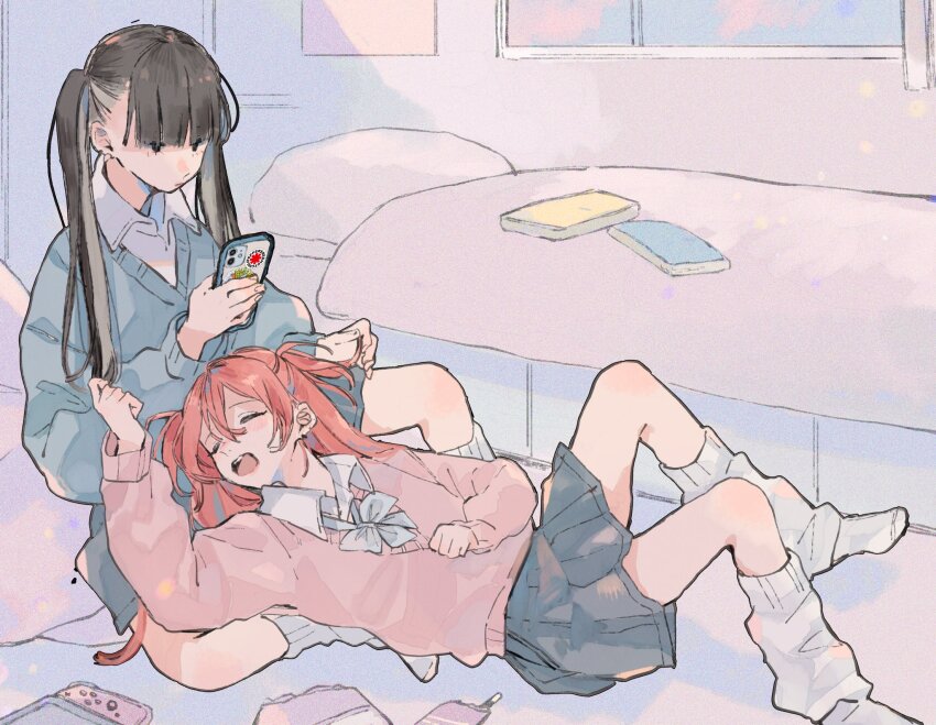 2girls, black_eyes, black_hair, blue_bow, blue_bowtie, blue_skirt, blue_sweater, blunt_bangs