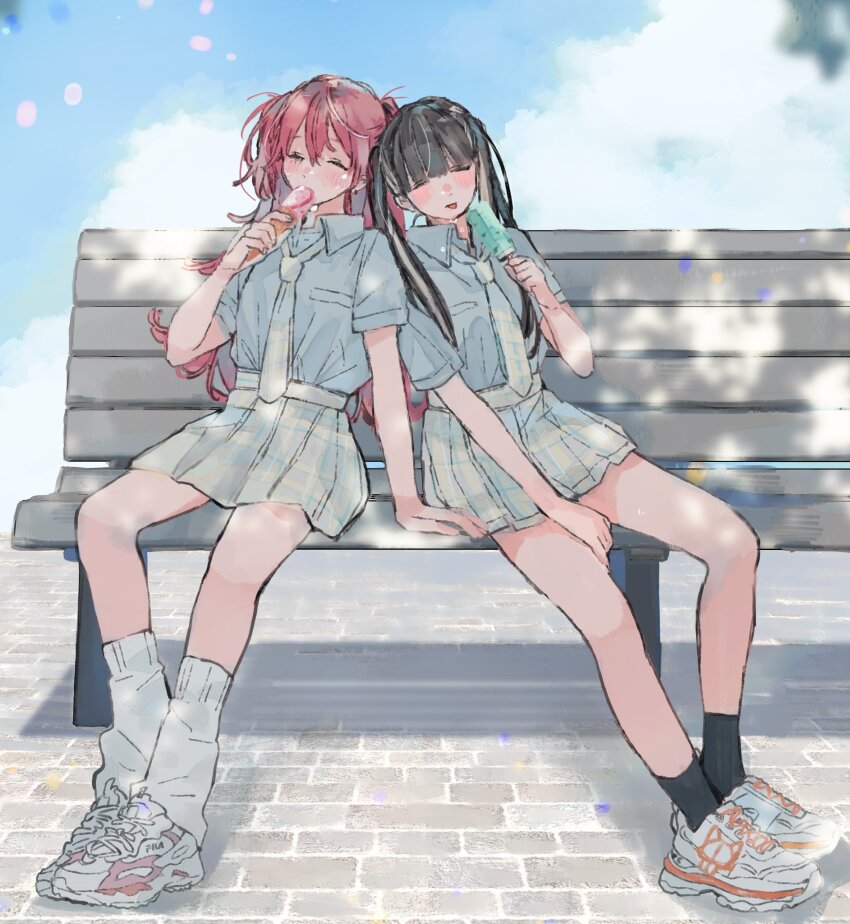 2girls, arm_support, bench, black_hair, black_socks, blue_shirt, blunt_bangs, blush