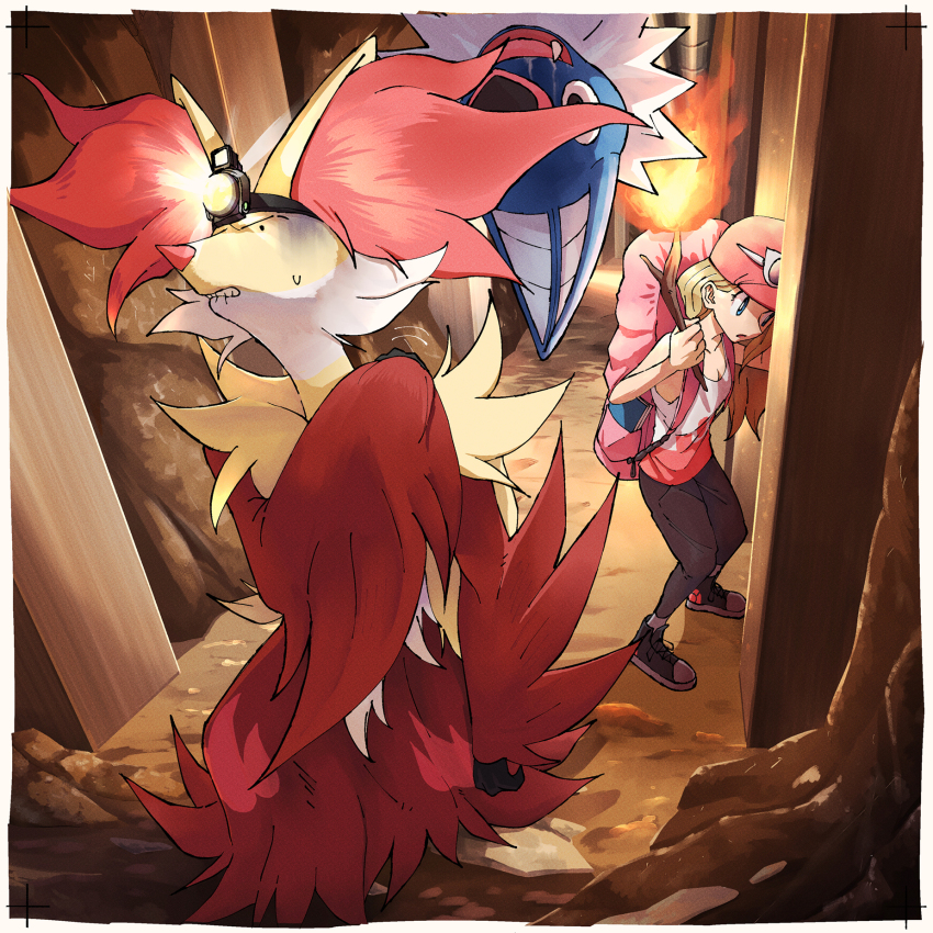 1girl, alternate_costume, backpack, bag, black_footwear, blonde_hair, blue_eyes, cave_interior