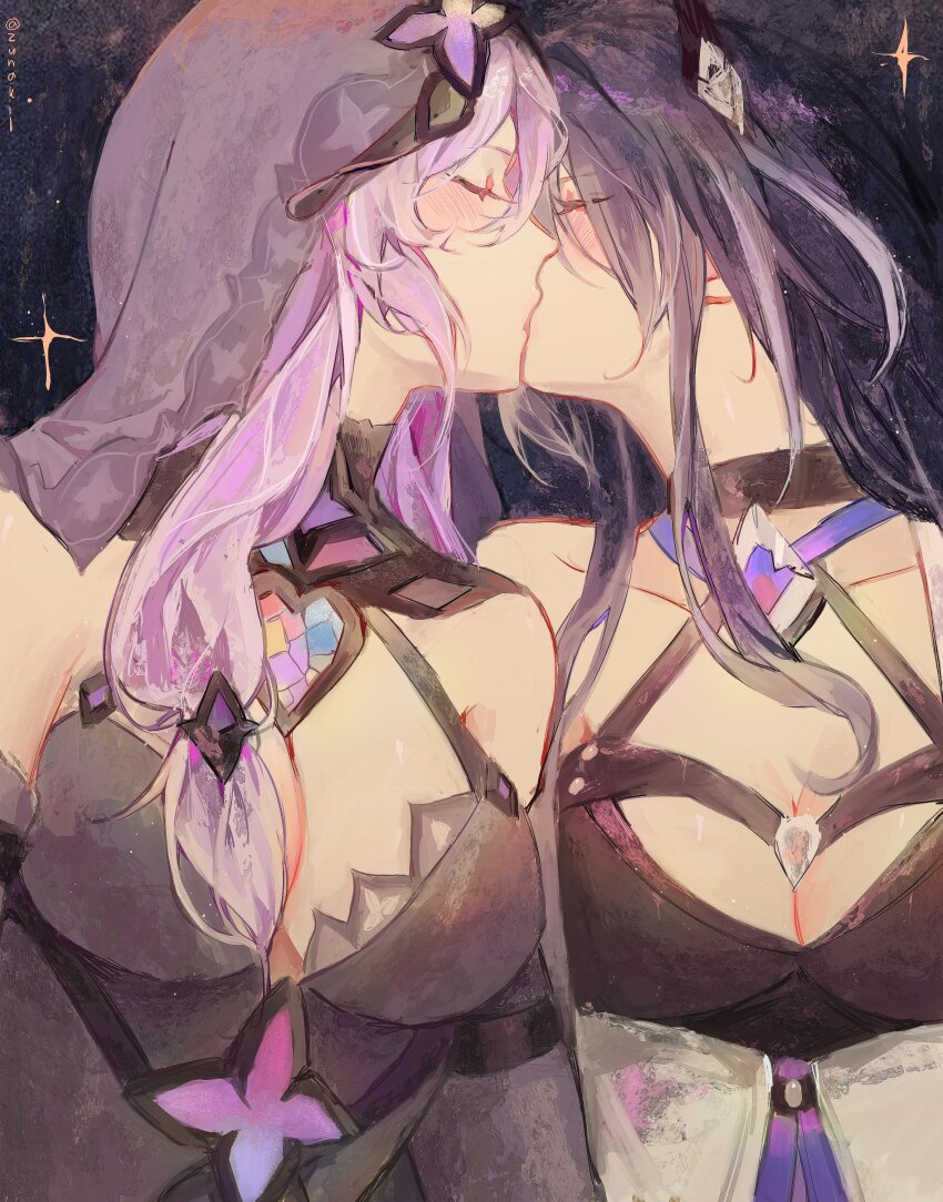 2girls, absurdres, acheron_(honkai:_star_rail), bare_shoulders, black_choker, black_swan_(honkai:_star_rail), blush, breasts, choker, cleavage, closed_eyes, commentary, dress, highres, honkai:_star_rail, honkai_(series), kiss, medium_breasts, multiple_girls, purple_hair, sleeveless, sleeveless_dress, upper_body, veil, yuri, zun_(zunaki)