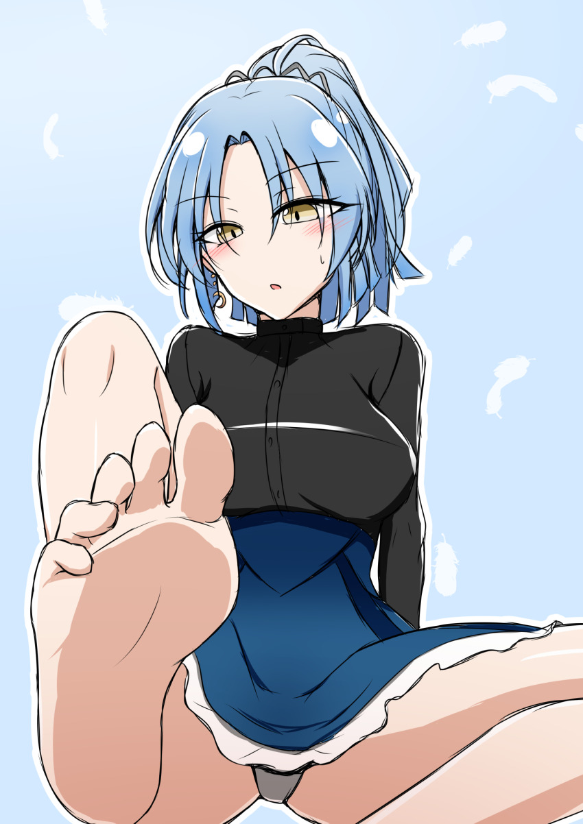 1girl, arm_behind_back, assault_lily, barefoot, black_shirt, blue_background, blue_hair, blue_skirt