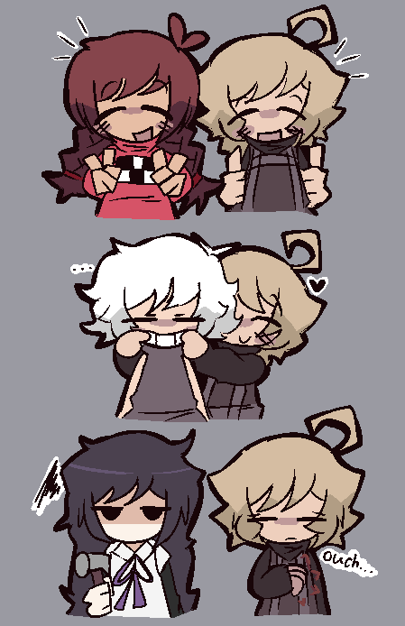 .flow, 4girls, ahoge, black_eyes, black_sleeves, blonde_hair, braid, brown_hair, chibi, closed_eyes, closed_mouth, collared_shirt, commentary, double_thumbs_up, double_v, english_commentary, english_text, fingers_on_another's_face, grey_background, grey_sweater, hammer, heart, holding, holding_hammer, jaggy_lines, madotsuki, mob_face, multiple_girls, no_mouth, open_mouth, pink_sweater, plaid_clothes, plaid_sweater, print_sweater, purple_hair, purple_ribbon, purple_sweater, ribbon, sabitsuki, shaded_face, shirt, short_hair, simple_background, smile, solid_oval_eyes, sometsuki, squiggle, sweater, tacoman, thumbs_up, twin_braids, ultra_violet_(game), upper_body, urotsuki, v, white_hair, white_shirt, yume_2kki, yume_nikki