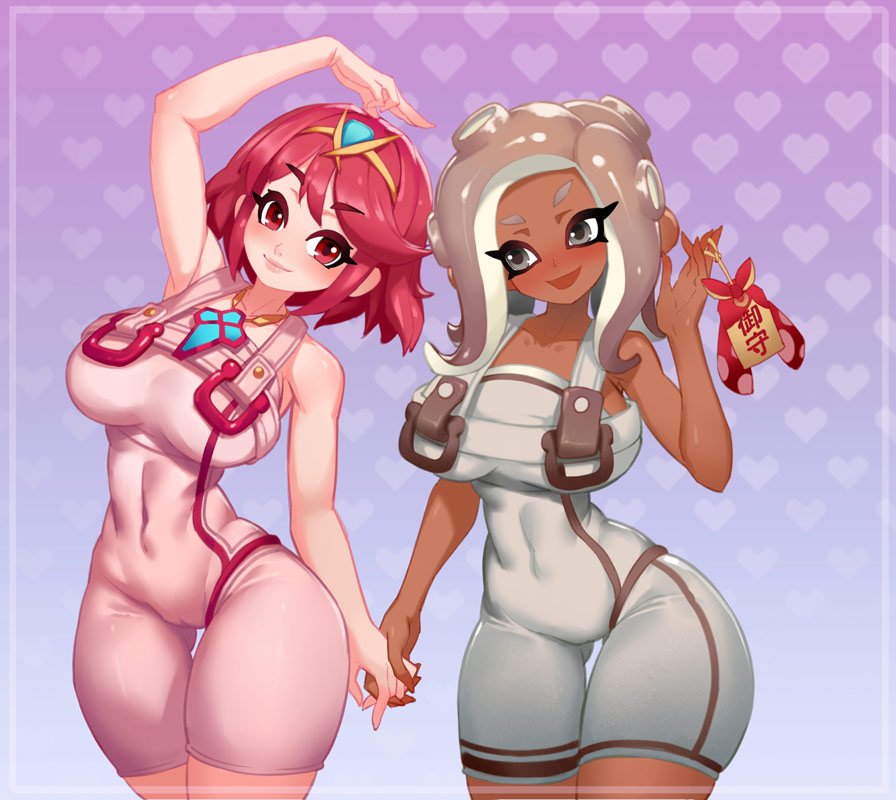 2girls, agent_8_(splatoon), breasts, crossover, fingers_interlaced, grey_eyes, holding_hands, large_breasts, little_blood, matching_hair/eyes, multiple_girls, navel, nintendo, pyra_(xenoblade), red_eyes, red_hair, short_hair, smile, splatoon_(series), splatoon_3, splatoon_3:_side_order, xenoblade_chronicles_(series), xenoblade_chronicles_2