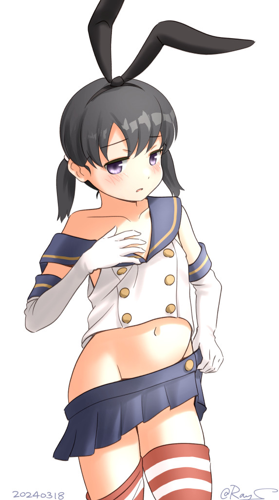 1girl, black_hair, black_hairband, blue_sailor_collar, blue_skirt, cosplay, cowboy_shot, crop_top