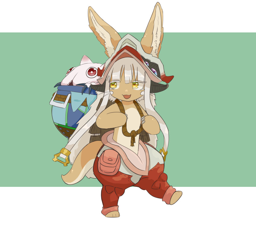 2others, :3, animal_ears, body_fur, carrying, carrying_person, creature, ears_through_headwear, fake_horns, furry, helmet, highres, horned_helmet, horns, i_u_d_e_x, in_pot, made_in_abyss, mitty_(made_in_abyss), multicolored_pants, multiple_others, nanachi_(made_in_abyss), other_focus, pants, puffy_pants, simple_background, whiskers