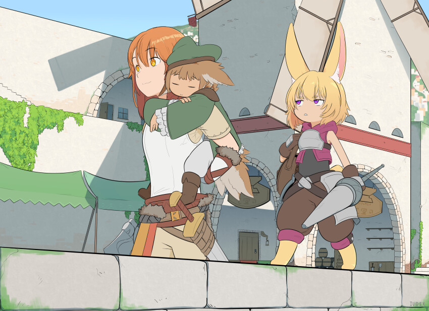 absurdres, animal_ear_fluff, animal_ears, armor, blonde_hair, breastplate, carrying, highres, holding, holding_polearm, holding_weapon, i_u_d_e_x, jacket, kemonomimi_mode, lance, leather, leather_jacket, mall, medieval, moss, original, outdoors, piggyback, polearm, shadow, short_legs, stone_wall, sword, walking_on_fence, wall, weapon