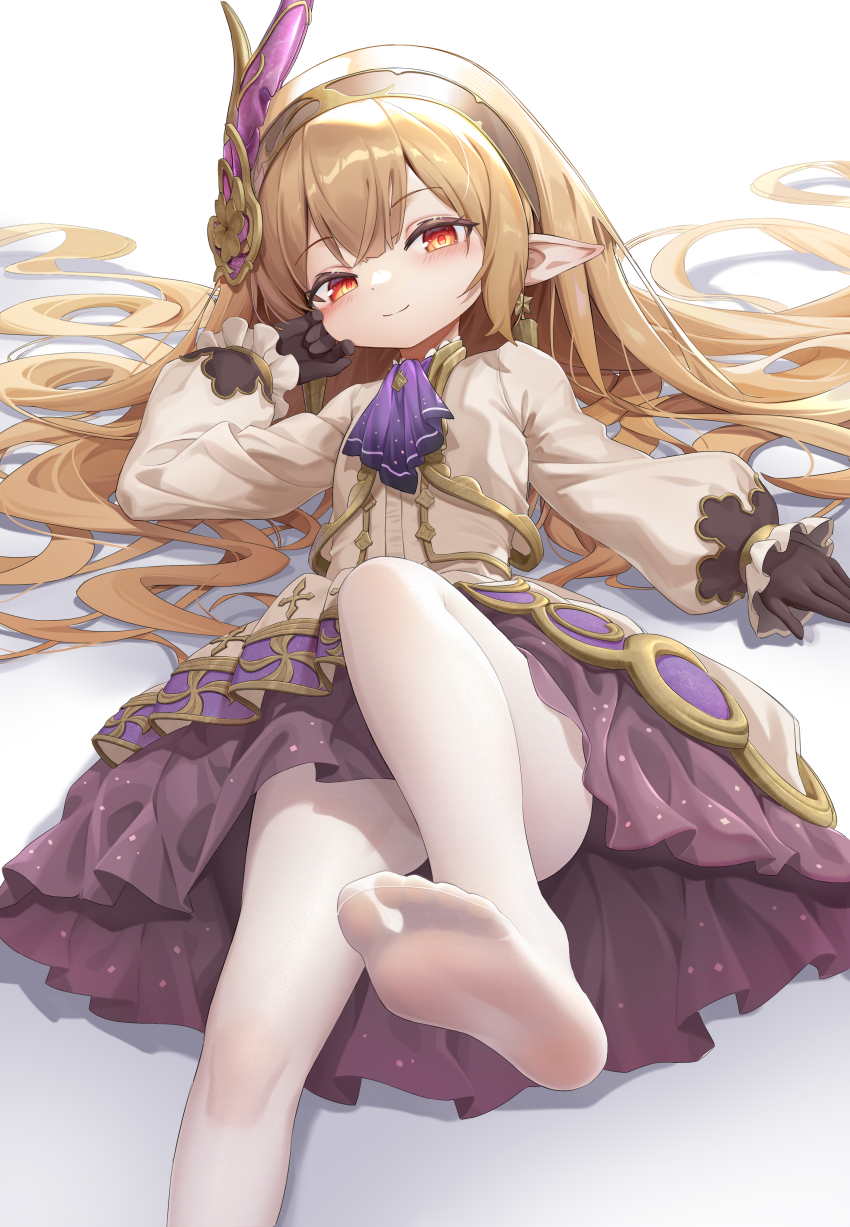 1girl, absurdres, ascot, black_gloves, blush, brown_hair, brown_hairband, dress, earrings, feet, foot_focus, fujiko_sugi, gloves, granblue_fantasy, granblue_fantasy:_relink, hair_ornament, hairband, harvin, highres, jewelry, loli, long_hair, looking_at_viewer, maglielle_(granblue_fantasy:_relink), no_shoes, pantyhose, petite, pointy_ears, purple_ascot, red_eyes, simple_background, smile, socks, soles, solo, thighs, toes, very_long_hair, white_dress, white_pantyhose, white_socks