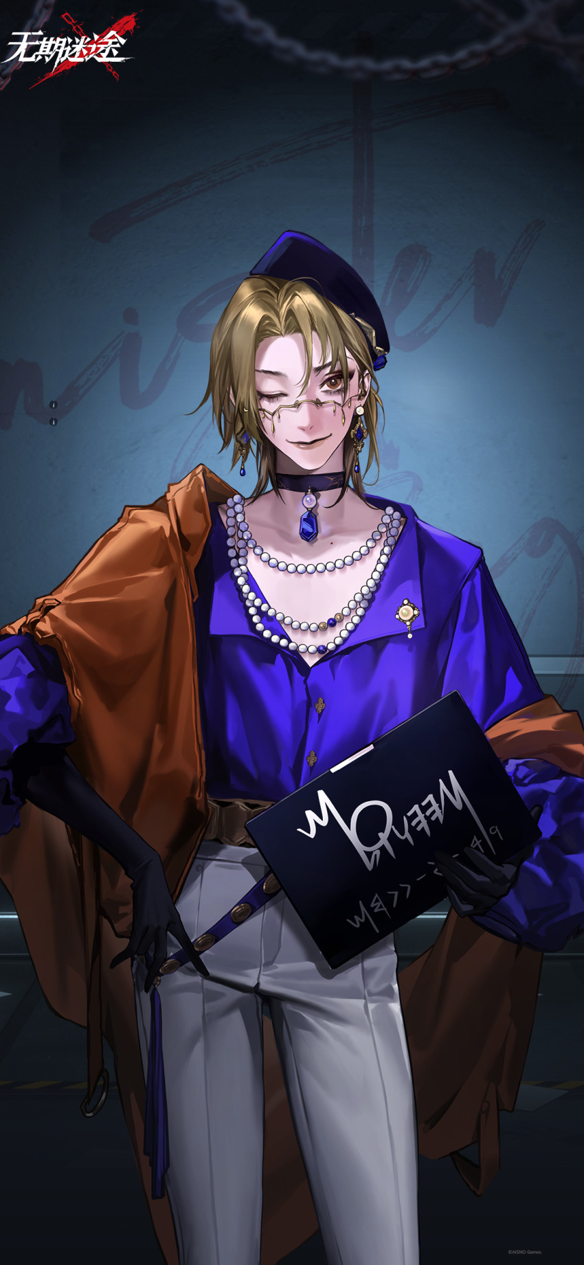 1girl, ;), absurdres, against_wall, black_choker, black_gloves, blonde_hair, blue_gem