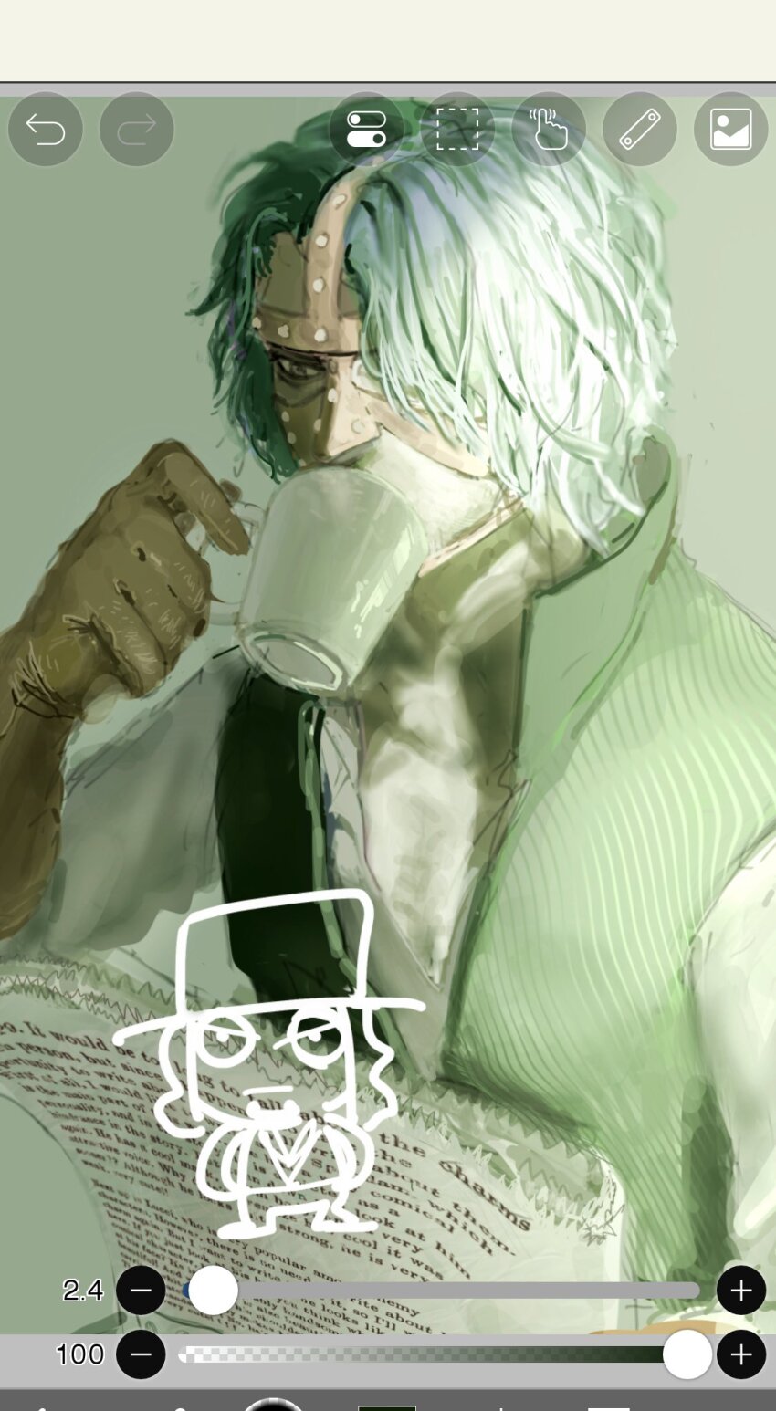 2boys, aqua_hair, arm_up, art_program_in_frame, brown_gloves, chibi, chibi_inset, cup