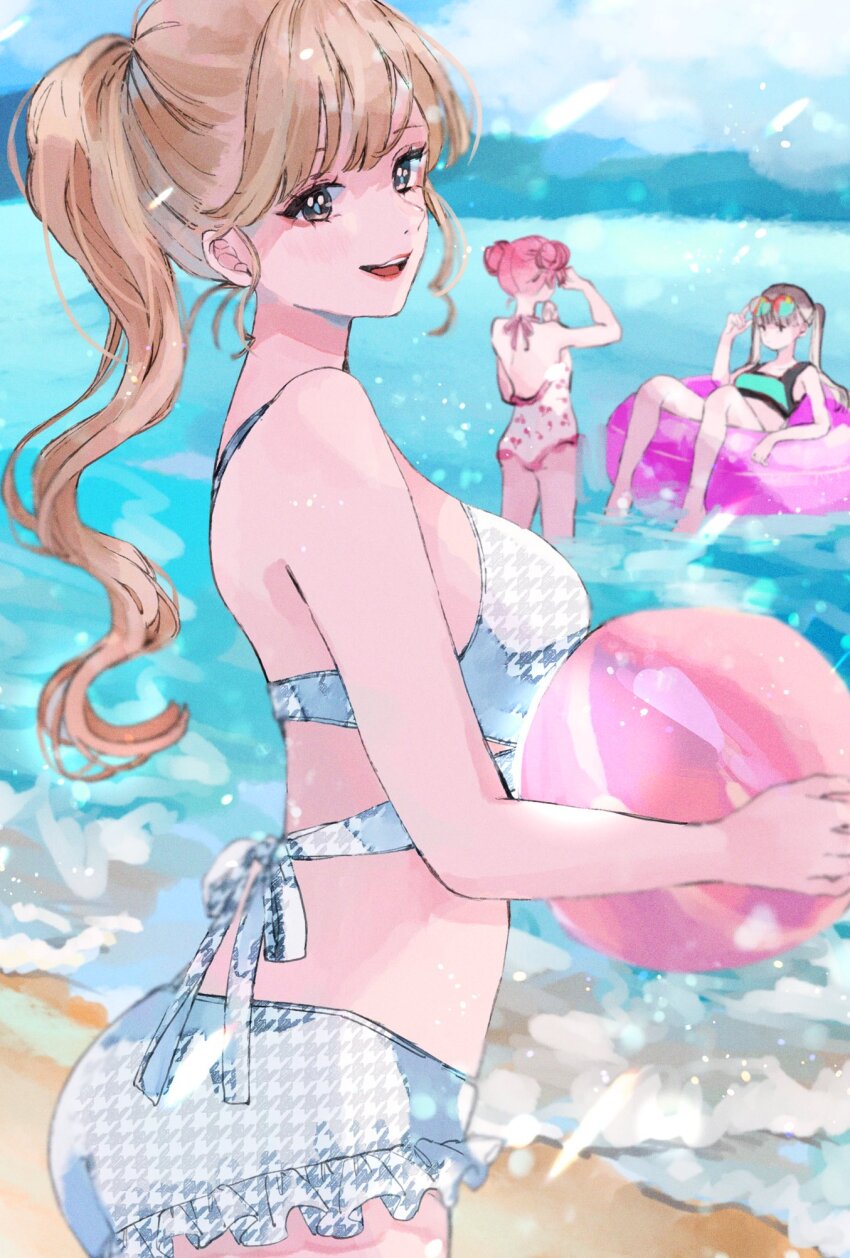 3girls, alternate_hairstyle, ball, beach, beachball, bikini, black_bikini, black_eyes