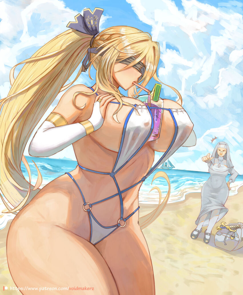 2girls, bag, beach, blindfold, blonde_hair, blue_sky, breasts, bubble_tea_challenge