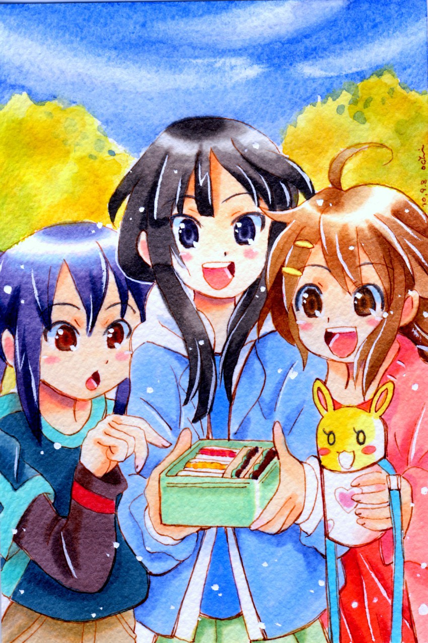 3girls, akiyama_mio, black_hair, blue_eyes, blue_hair, brown_eyes, brown_hair, food, highres, hirasawa_yui, hood, hoodie, jug_(bottle), k-on!, long_hair, lunchbox, multiple_girls, nakano_azusa, occhii, sandwich, short_hair, traditional_media