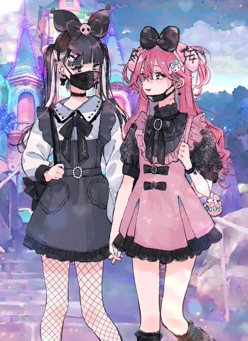 2girls, animal_ears, black_bow, black_bowtie, black_choker, black_dress, black_eyes, black_hair
