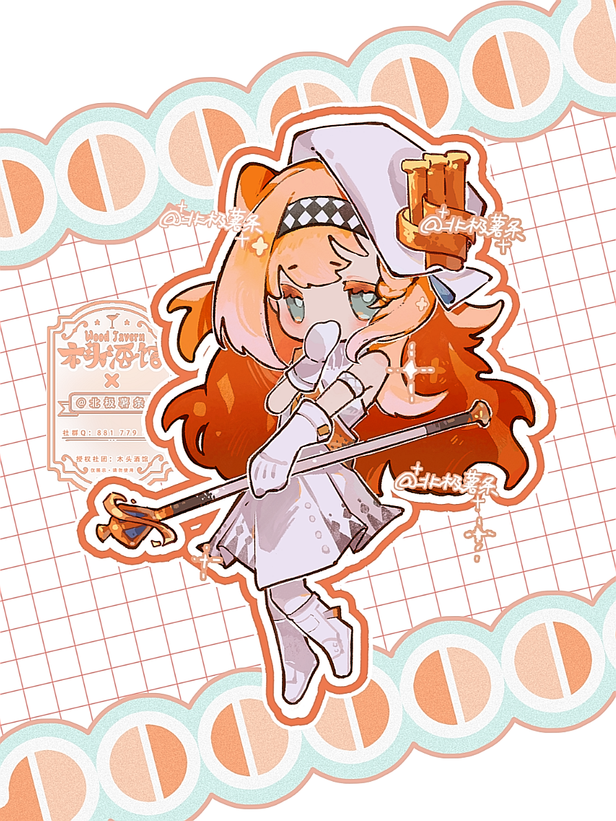 1girl, artist_name, bare_shoulders, beiji_shutiao, beret, boots, checkered_hairband, chibi