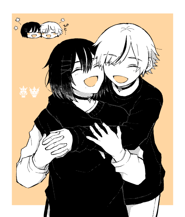 2boys, black_hair, border, cheek-to-cheek, choker, closed_eyes, commentary_request, hairpin, happy, heads_together, hug, hug_from_behind, lightblue15, male_focus, mole, mole_under_mouth, monark, multicolored_hair, multiple_boys, multiple_hairpins, open_mouth, orange_background, protagonist_(monark), shinya_yuda, short_hair, simple_background, smile, streaked_hair, upper_body, white_border, white_hair, yaoi