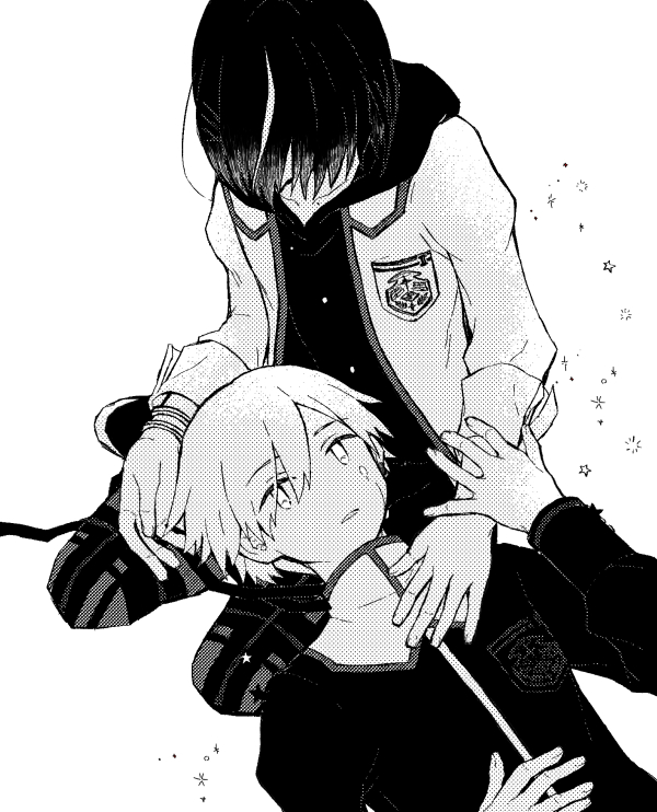 2boys, black_hair, greyscale, hair_over_eyes, hand_on_another's_arm, lap_pillow, lightblue15, lying