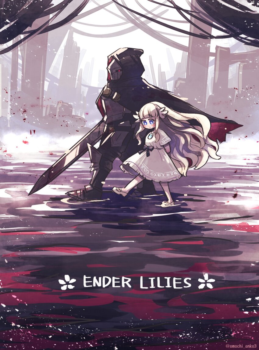 1boy, 1girl, armor, armored_boots, arms_behind_back, black_bow, black_cloak, blue_eyes