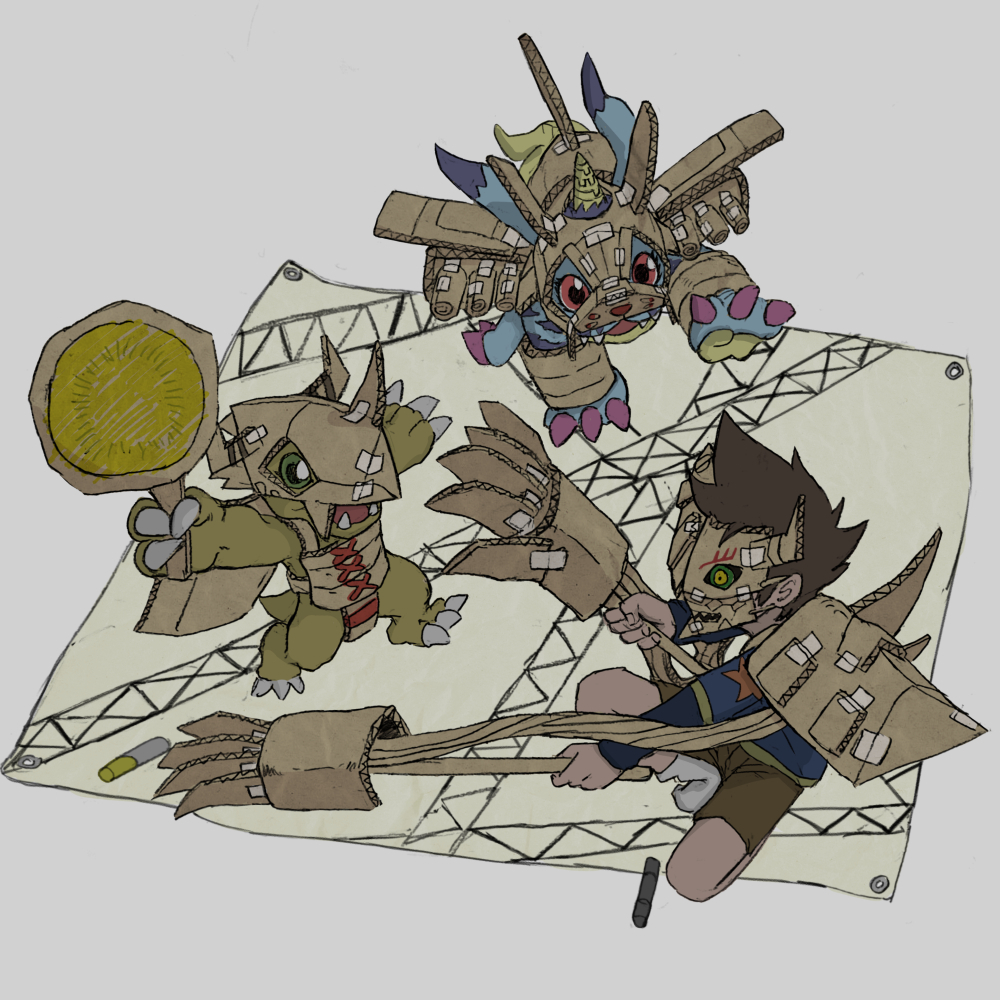 1boy, agumon, all_fours, blue_shirt, brown_hair, brown_pants, cardboard, carton, claws, coat, colored_skin, cosplay, diablomon, diablomon_(cosplay), digimon, digimon_adventure, digimon_adventure:_bokura_no_war_game, fur_coat, gabumon, horns, medium_hair, metalgarurumon, metalgarurumon_(cosplay), orange_skin, pants, red_eyes, reptile, scene_reference, sharp_teeth, shirt, short_sleeves, single_horn, spiked_hair, takeuchi_(rtakeuchi1535), teeth, wargreymon, wargreymon_(cosplay), wings, yagami_taichi, yellow_skin