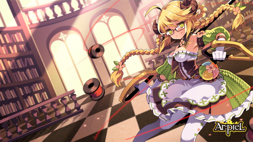 ahoge, animal_ears, arpiel, blonde_hair, braid, breasts, cecil_(arpiel), glasses, highres, horns, long_hair, looking_at_viewer, medium_breasts, non-web_source, scissors, sheep_ears, sheep_girl, sheep_horns, thighhighs, twin_braids, twintails, white_thighhighs