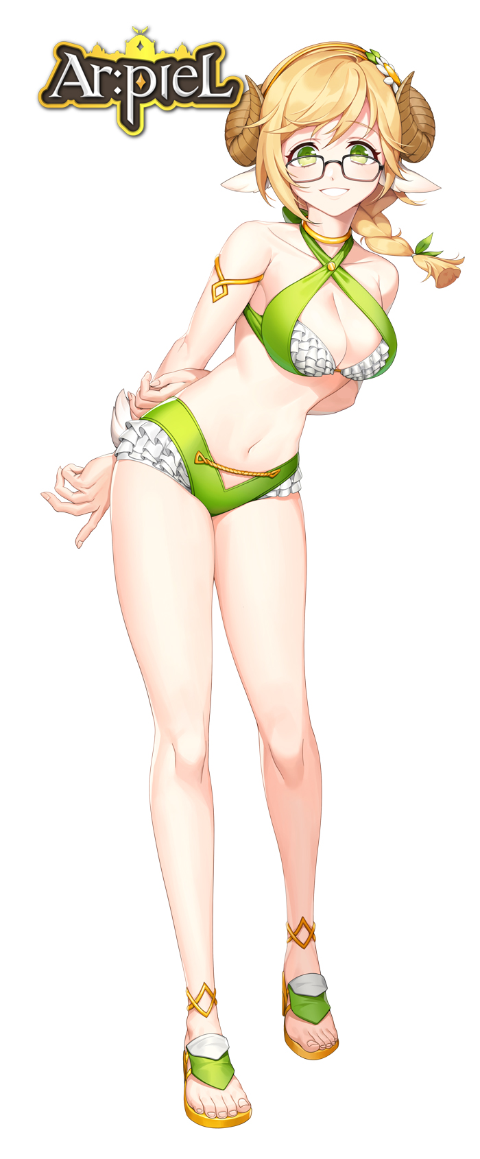 1girl, 1other, animal_ears, arpiel, bikini, blonde_hair, braid, breasts, cecil_(arpiel), glasses, green_bikini, green_eyes, highres, horns, large_breasts, looking_at_viewer, medium_breasts, non-web_source, sheep_ears, sheep_girl, sheep_horns, single_braid, swimsuit, white_background