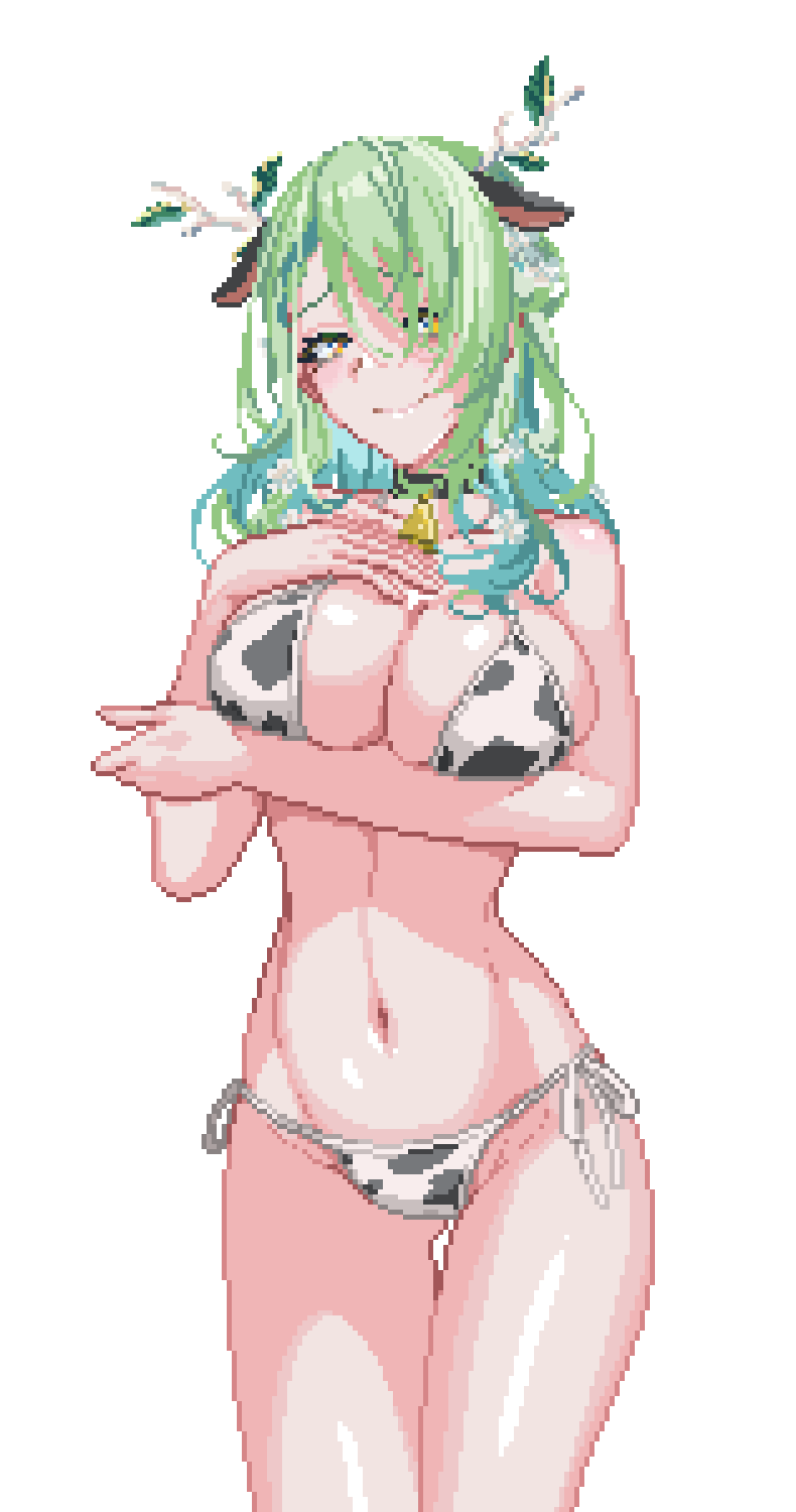 1girl, alternate_costume, animal_ears, animal_print, antlers, arm_under_breasts, baiyuu, bell, bikini, breasts, ceres_fauna, closed_mouth, commentary, cow_ears, cow_print, cow_print_bikini, cowbell, cowboy_shot, english_commentary, gradient_hair, green_hair, hand_on_own_chest, highres, hololive, hololive_english, horns, large_breasts, leaf, long_hair, looking_at_viewer, mole, mole_under_eye, multicolored_hair, navel, neck_bell, pixel_art, print_bikini, side-tie_bikini_bottom, smile, solo, stomach, swimsuit, virtual_youtuber, white_background, yellow_eyes