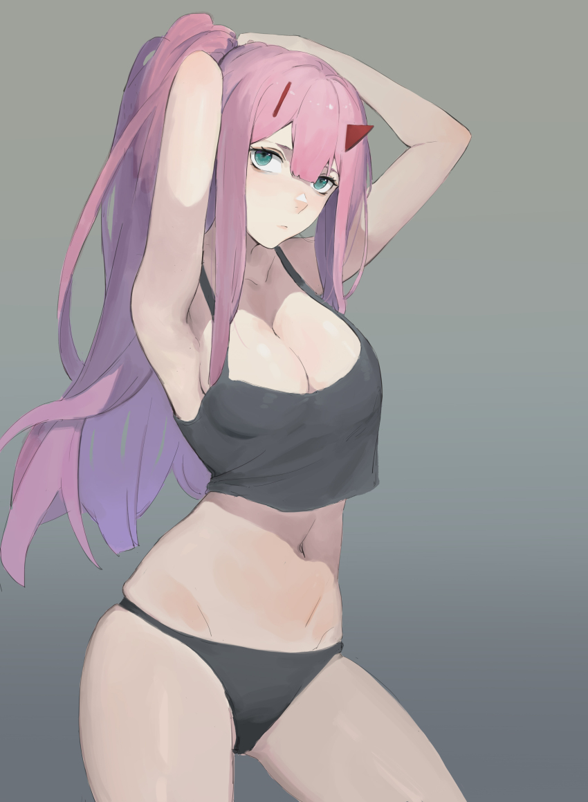 1girl, absurdres, adjusting_hair, aqua_eyes, armpits, arms_up, black_panties, black_tank_top