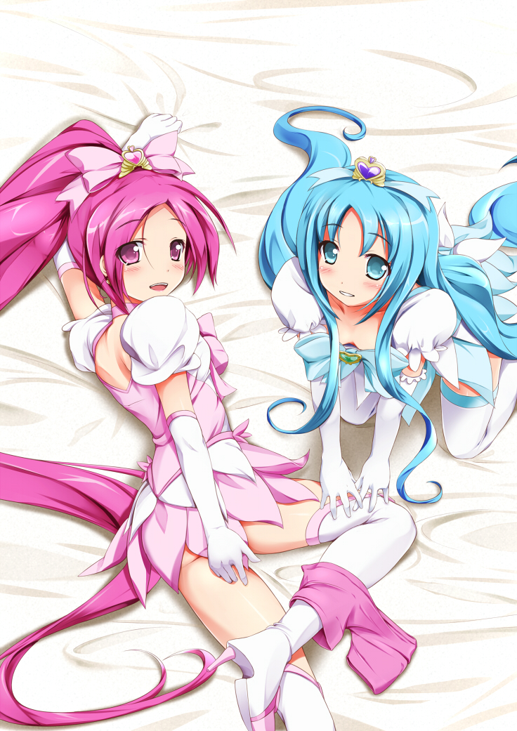 10s, 2girls, bed, blue_eyes, blue_hair, boots, bow, brooch, cure_blossom, cure_blossom_(super_silhouette), cure_marine, cure_marine_(super_silhouette), downblouse, elbow_gloves, gloves, hanasaki_tsubomi, heart, heart_brooch, heartcatch_precure!, high_ponytail, jewelry, kurumi_erika, lying, magical_girl, multiple_girls, on_back, open_mouth, pink_bow, pink_eyes, pink_hair, ponytail, precure, sitting, thigh_boots, thighhighs, utamaru_(konomix)