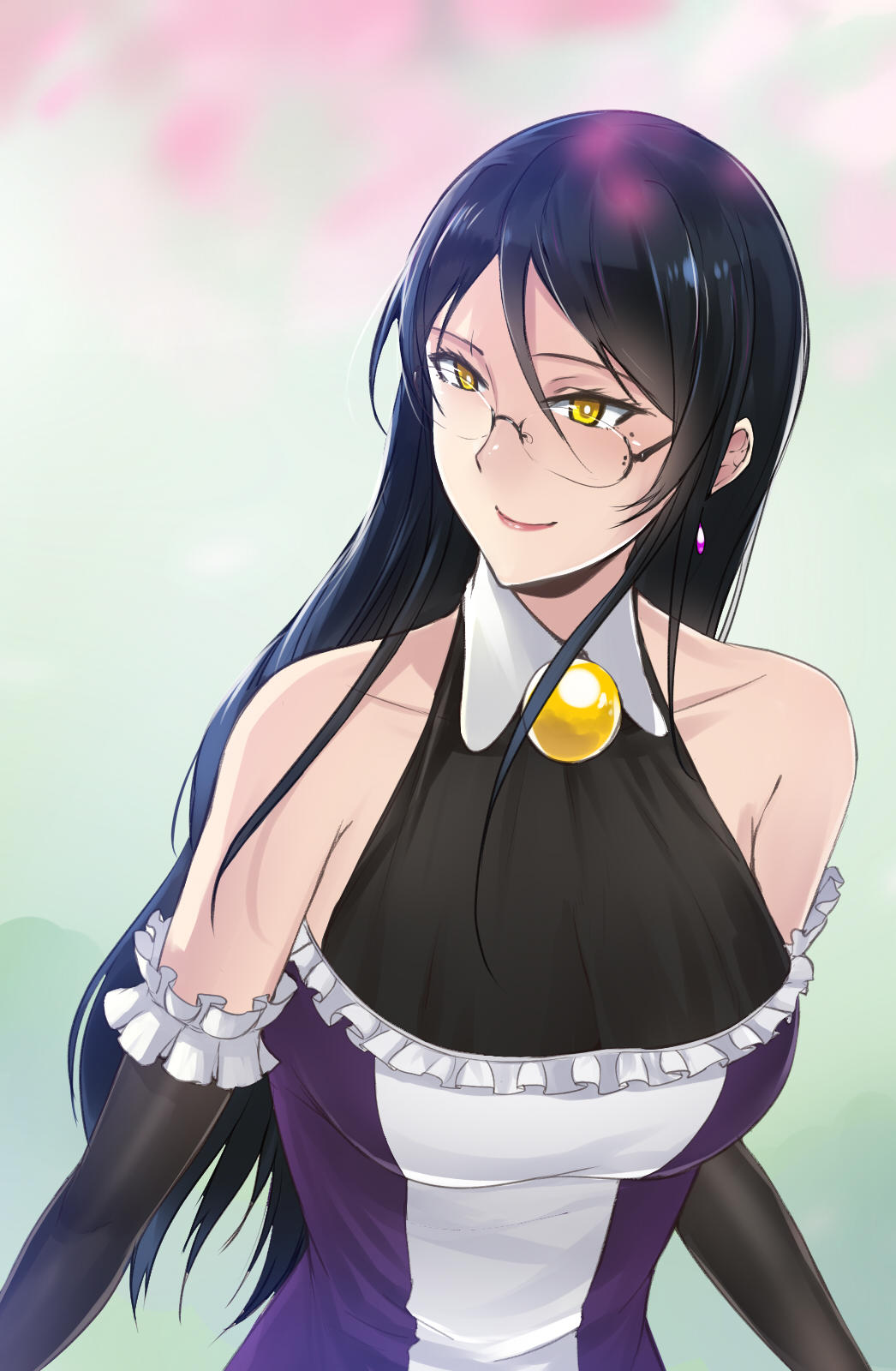 1girl, bare_shoulders, black_gloves, black_hair, breasts, cleavage, collar, collarbone