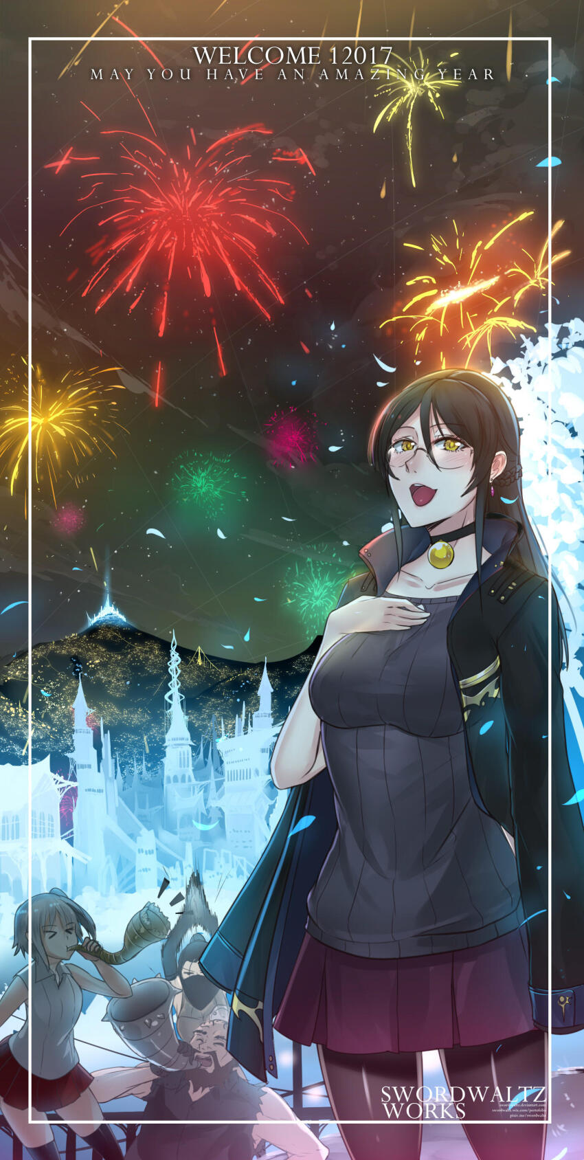 2boys, 2girls, absurdres, beard, bell, black_choker, black_coat, black_hair