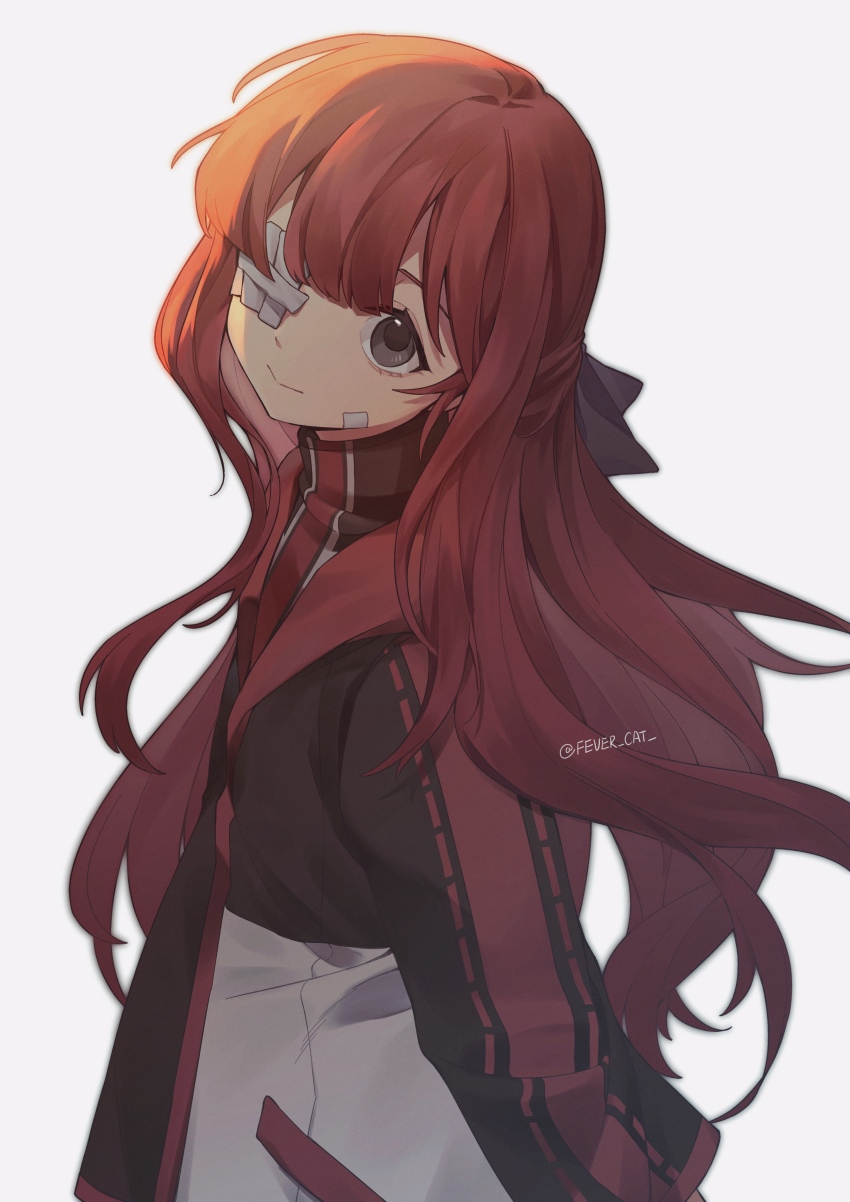 1girl, absurdres, bandage_on_face, bandage_over_one_eye, bandages, bandaid, bandaid_on_face, black_bow, black_jacket, bow, closed_mouth, fevercat, gauze, gauze_over_eye, grey_eyes, hair_bow, head_tilt, highres, jacket, limbus_company, long_hair, long_sleeves, looking_at_viewer, project_moon, red_hair, simple_background, solo, twitter_username, upper_body, white_background, yuri_(project_moon)
