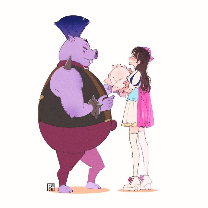 1boy, 1girl, ankle_boots, aoi_tete, artist_logo, black_hair, black_shirt, blue_shirt