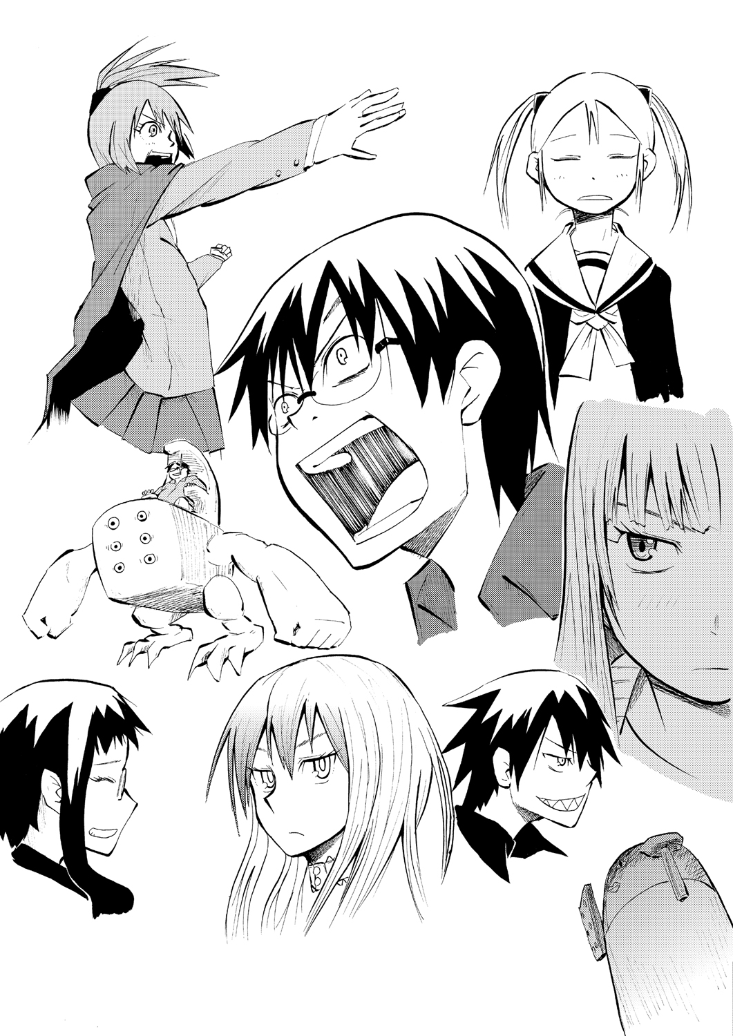 2boys, 5girls, amamiya_yuuhi, anima_(samidare), asahina_samidare, character_request, multiple_expressions, greyscale