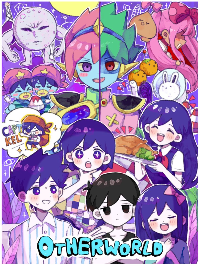+_+, 3girls, 6+boys, aubrey_(headspace)_(omori), aubrey_(omori), black_eyes, black_hair, bow, captain_spaceboy, closed_mouth, collarbone, colored_skin, english_text, expressionless, hair_bow, hero_(headspace)_(omori), hero_(omori), highres, kel_(headspace)_(omori), kel_(omori), long_hair, mari_(headspace)_(omori), mari_(omori), mugi062, multiple_boys, multiple_girls, omori, omori_(omori), open_mouth, pink_bow, pluto_(omori), purple_eyes, purple_hair, rosa_(omori), short_hair, space_bunny_(omori), sweetheart_(omori), u.f.o._(omori), white_skin, wormhole_(omori)