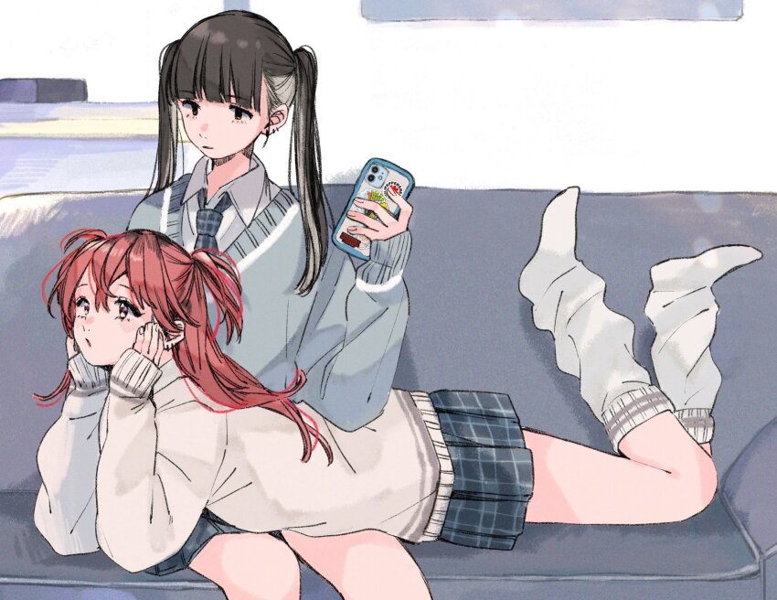 2girls, black_eyes, black_hair, blue_necktie, blue_skirt, blue_sweater, blush, cellphone
